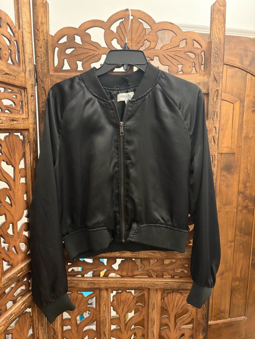 Charlotte Russe Black Satin Bomber Jacket with Ribbed Trim - Picture 2 of 5